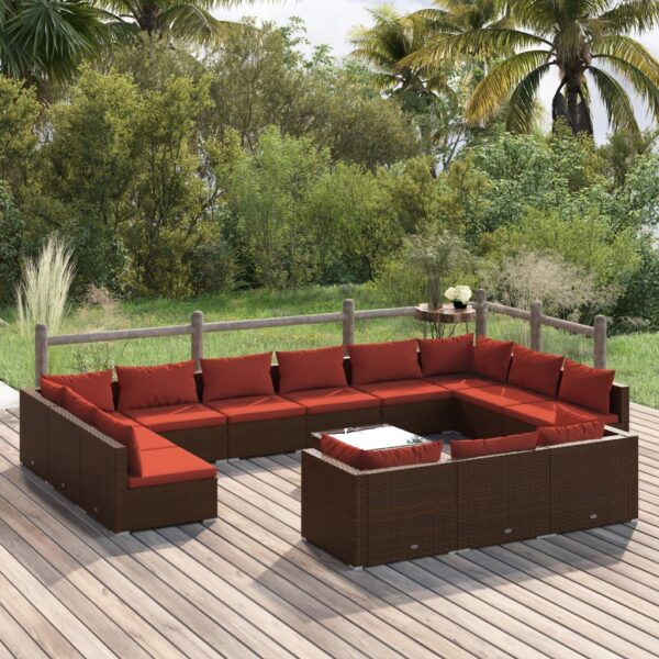 14 Piece Garden Lounge Set with Cushions Brown Poly Rattan