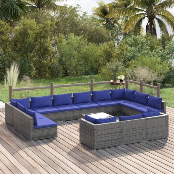 14 Piece Garden Lounge Set with Cushions Grey Poly Rattan