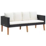 Outdoor Garden Patio Sofa 2-Seater PE Rattan Wicker with Cream Cushions Black