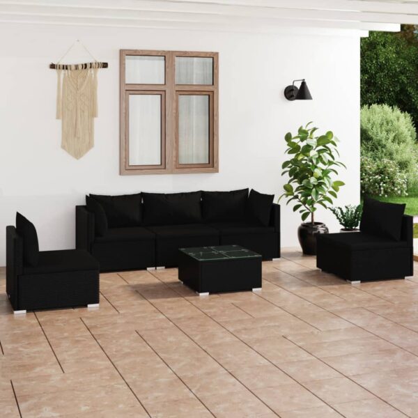 6 Piece Garden Lounge Set with Cushions Poly Rattan Black