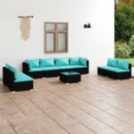 9 Piece Garden Lounge Set with Cushions Poly Rattan Black