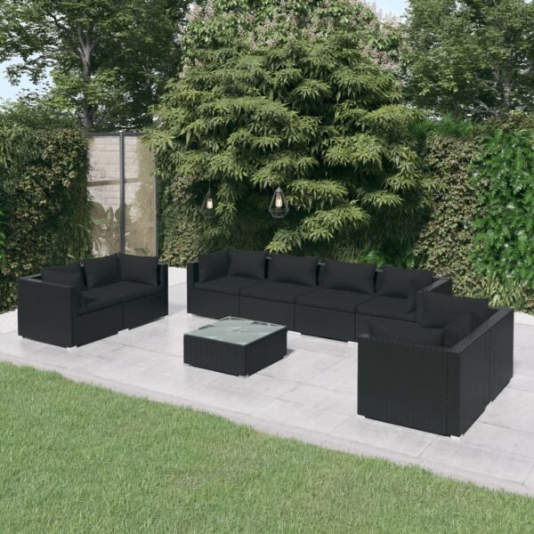 9 Piece Garden Lounge Set with Cushions Poly Rattan Black