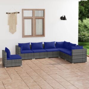 7 Piece Garden Lounge Set with Cushions Poly Rattan Grey