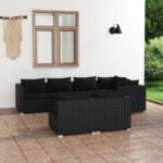 7 Piece Garden Lounge Set with Cushions Black Poly Rattan