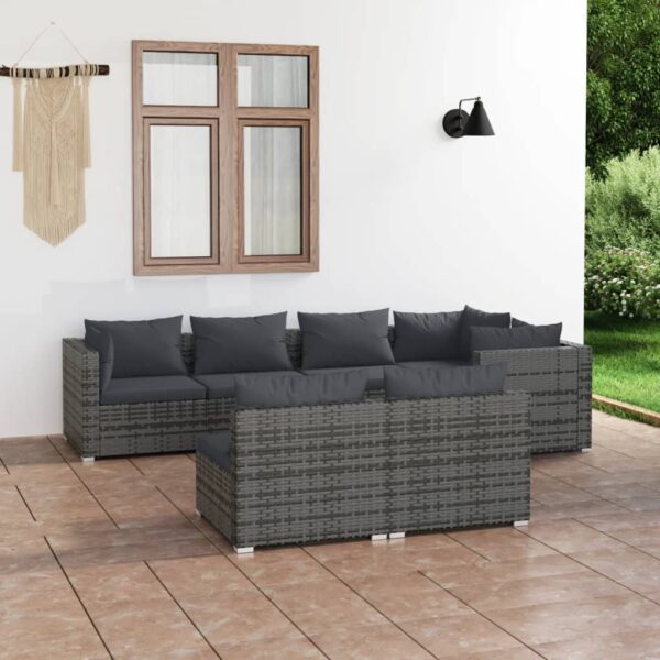 7 Piece Garden Lounge Set with Cushions Grey Poly Rattan