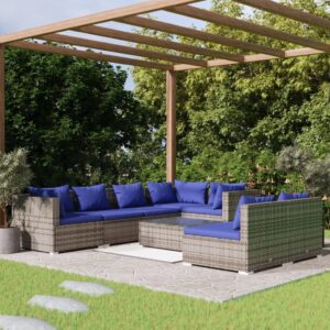 8 Piece Garden Lounge Set with Cushions Grey Poly Rattan