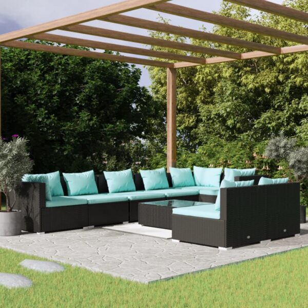 9 Piece Garden Lounge Set with Cushions Black Poly Rattan