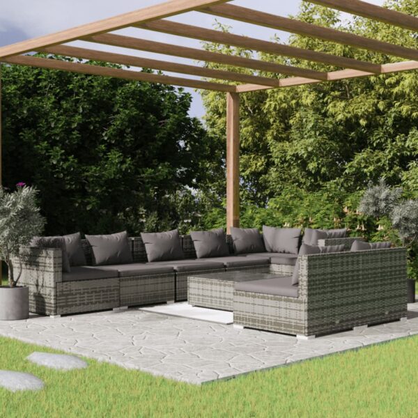 9 Piece Garden Lounge Set with Cushions Grey Poly Rattan