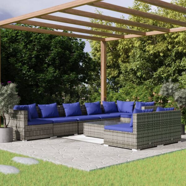 9 Piece Garden Lounge Set with Cushions Grey Poly Rattan