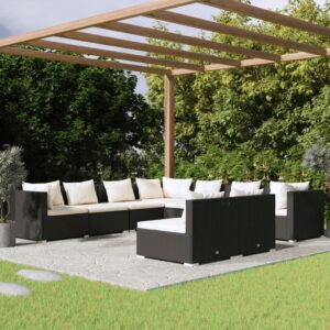 9 Piece Garden Lounge Set with Cushions Black Poly Rattan