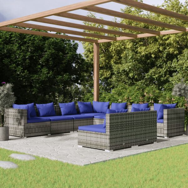 9 Piece Garden Lounge Set with Cushions Grey Poly Rattan