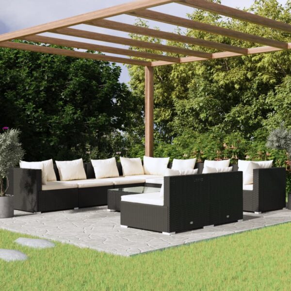 10 Piece Garden Lounge Set with Cushions Black Poly Rattan