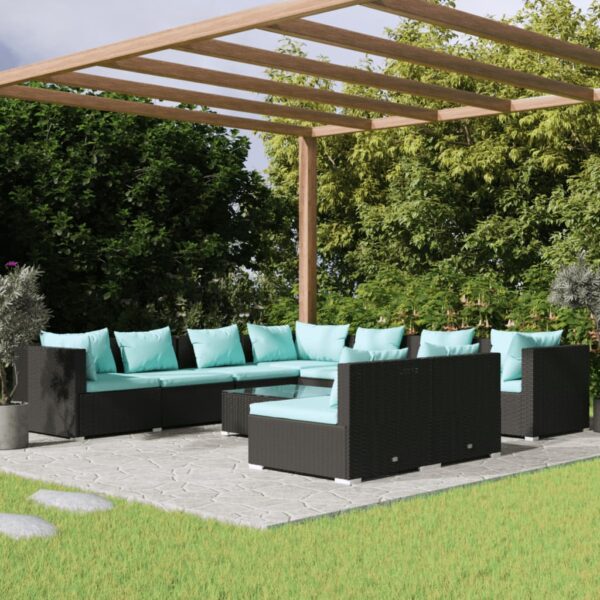 10 Piece Garden Lounge Set with Cushions Black Poly Rattan