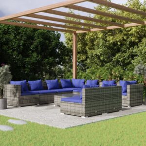 10 Piece Garden Lounge Set with Cushions Grey Poly Rattan