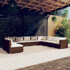 10 Piece Garden Lounge Set with Cushions Brown Poly Rattan