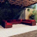 10 Piece Garden Lounge Set with Cushions Brown Poly Rattan