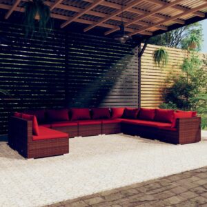 10 Piece Garden Lounge Set with Cushions Brown Poly Rattan