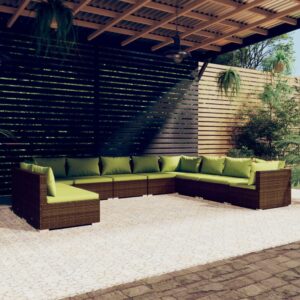 10 Piece Garden Lounge Set with Cushions Brown Poly Rattan