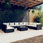 11 Piece Garden Lounge Set with Cushions Black Poly Rattan