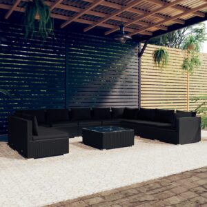 11 Piece Garden Lounge Set with Cushions Black Poly Rattan