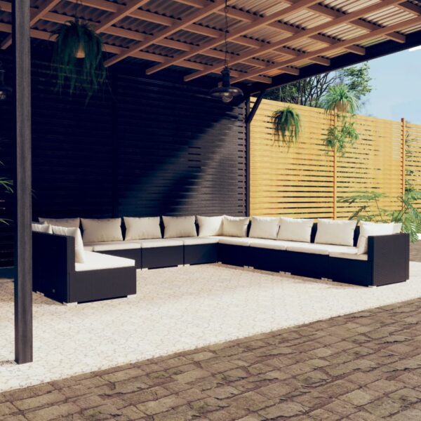 11 Piece Garden Lounge Set with Cushions Black Poly Rattan