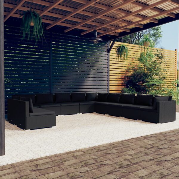 11 Piece Garden Lounge Set with Cushions Black Poly Rattan