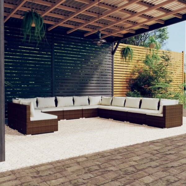 11 Piece Garden Lounge Set with Cushions Brown Poly Rattan