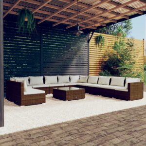 12 Piece Garden Lounge Set with Cushions Brown Poly Rattan