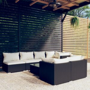 8 Piece Garden Lounge Set with Cushions Black Poly Rattan