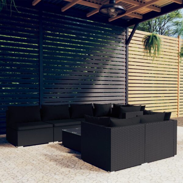 8 Piece Garden Lounge Set with Cushions Black Poly Rattan