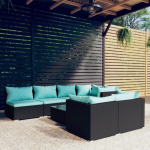 8 Piece Garden Lounge Set with Cushions Black Poly Rattan