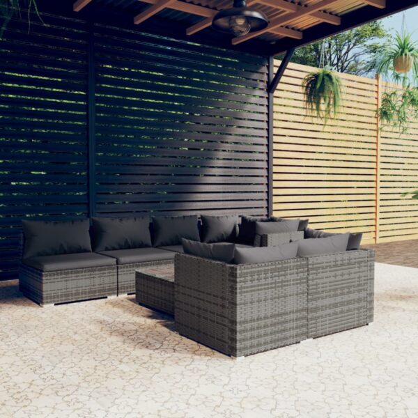 8 Piece Garden Lounge Set with Cushions Grey Poly Rattan