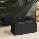 7 Piece Garden Lounge Set with Cushions Black Poly Rattan