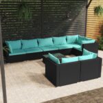 9 Piece Garden Lounge Set with Cushions Black Poly Rattan