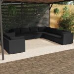 9 Piece Garden Lounge Set with Cushions Black Poly Rattan