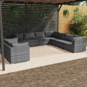 9 Piece Garden Lounge Set with Cushions Grey Poly Rattan