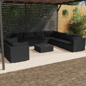 10 Piece Garden Lounge Set with Cushions Black Poly Rattan