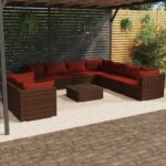 10 Piece Garden Lounge Set with Cushions Brown Poly Rattan