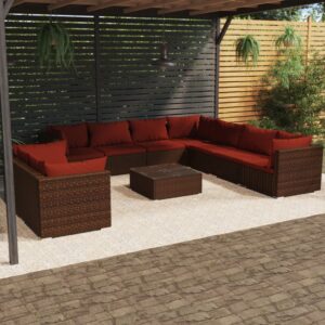 10 Piece Garden Lounge Set with Cushions Brown Poly Rattan