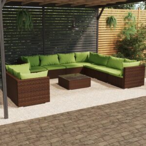 10 Piece Garden Lounge Set with Cushions Brown Poly Rattan