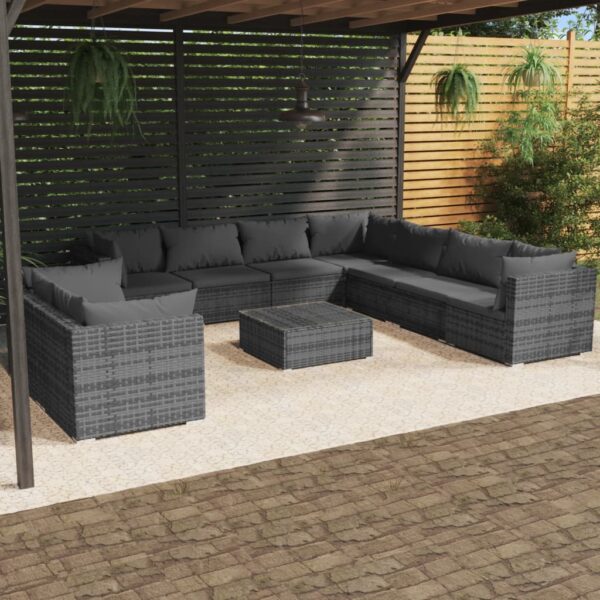 10 Piece Garden Lounge Set with Cushions Grey Poly Rattan