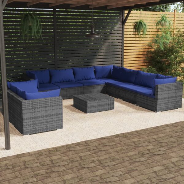 10 Piece Garden Lounge Set with Cushions Grey Poly Rattan