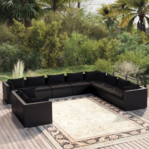 10 Piece Garden Lounge Set with Cushions Black Poly Rattan