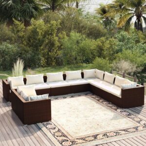 10 Piece Garden Lounge Set with Cushions Brown Poly Rattan