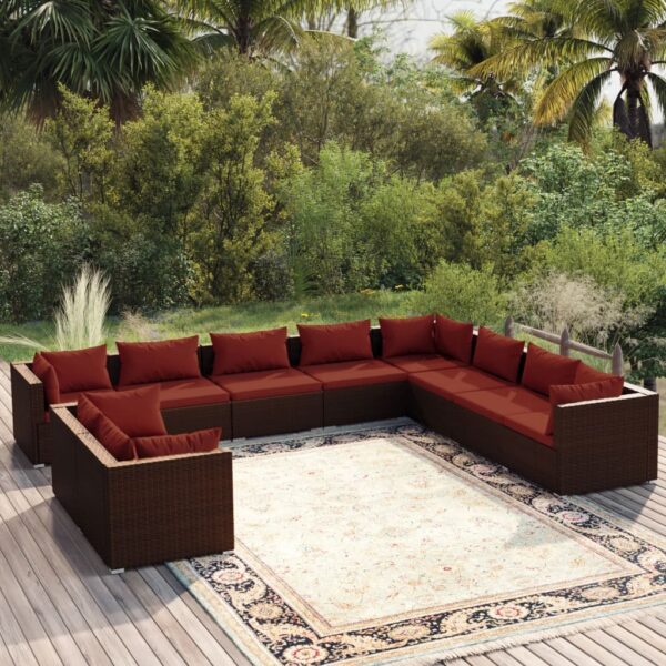 10 Piece Garden Lounge Set with Cushions Brown Poly Rattan