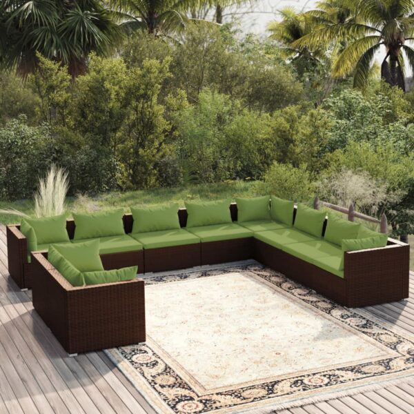 10 Piece Garden Lounge Set with Cushions Brown Poly Rattan