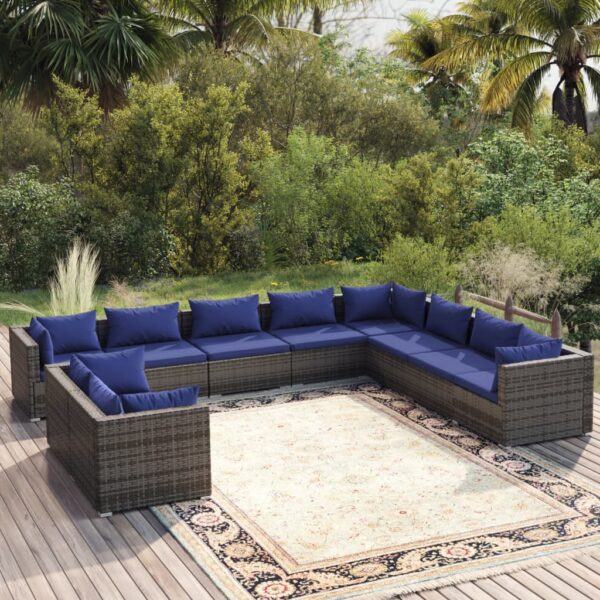 10 Piece Garden Lounge Set with Cushions Grey Poly Rattan