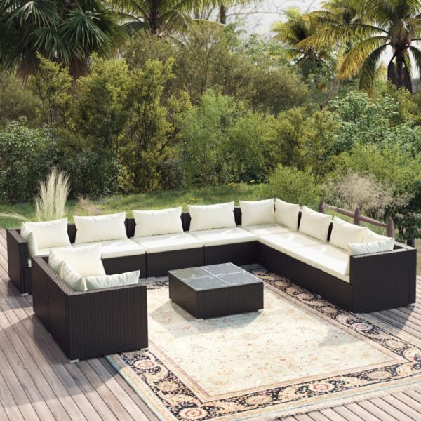 11 Piece Garden Lounge Set with Cushions Black Poly Rattan