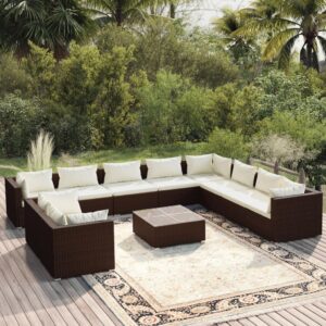 11 Piece Garden Lounge Set with Cushions Brown Poly Rattan