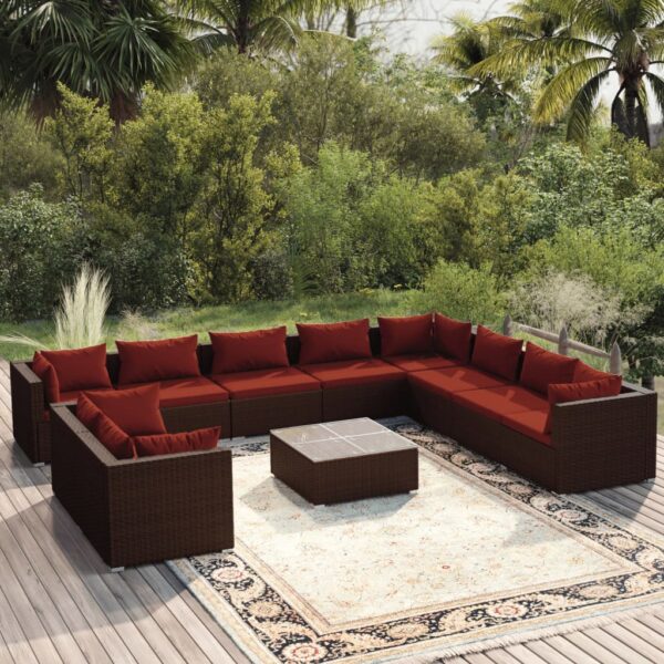 11 Piece Garden Lounge Set with Cushions Brown Poly Rattan